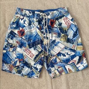 Caribbean Joe Blue California Surf Pictures Graphics Swim Trunks. Size M